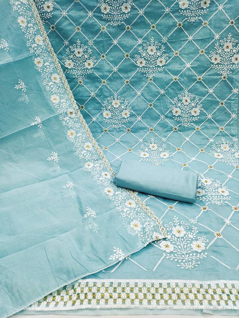 Blue chanderi cotton dress material with white embroidery & floral lace dupatta