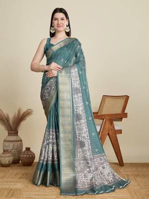 Rama green printed cotton silk saree with blouse piece 1