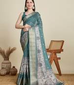 Rama green printed cotton silk saree with blouse piece