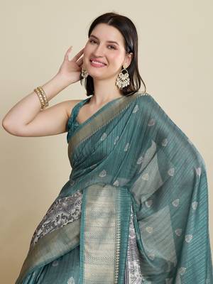 Rama green printed cotton silk saree with blouse piece 2