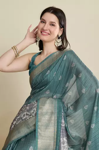 Rama green printed cotton silk saree with blouse piece