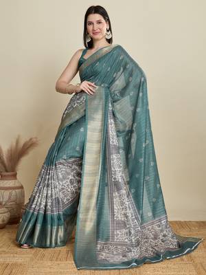 Rama green printed cotton silk saree with blouse piece 3