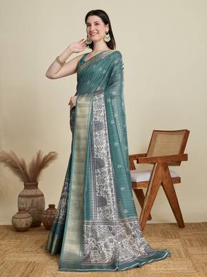Rama green printed cotton silk saree with blouse piece 4