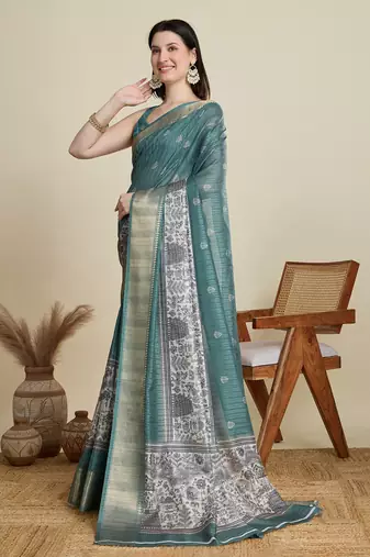 Rama green printed cotton silk saree with blouse piece