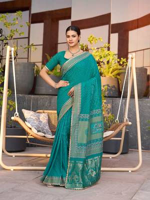 Rama green printed cotton silk saree with blouse piece 1