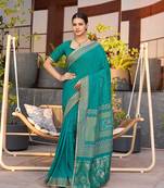Rama green printed cotton silk saree with blouse piece