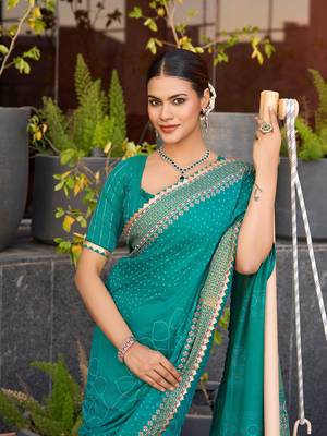 Rama green printed cotton silk saree with blouse piece 2
