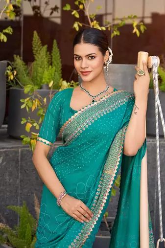 Rama green printed cotton silk saree with blouse piece
