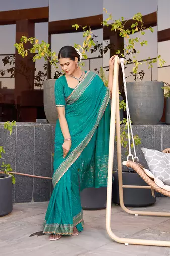 Rama green printed cotton silk saree with blouse piece