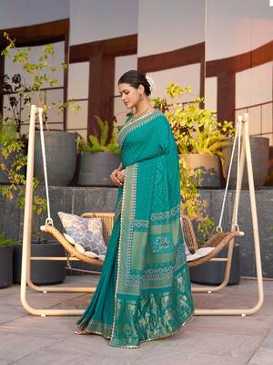 Rama green printed cotton silk saree with blouse piece 4