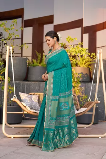 Rama green printed cotton silk saree with blouse piece