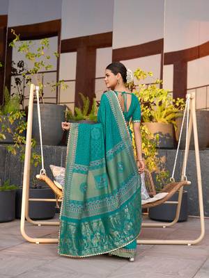 Rama green printed cotton silk saree with blouse piece 5