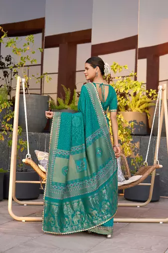 Rama green printed cotton silk saree with blouse piece