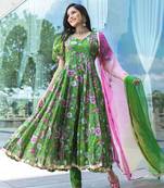 Green digital print work art silk anarkali pant suit  - full stitched suit