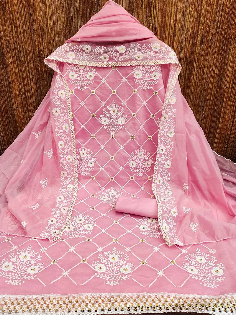 Pink chanderi cotton dress material with white embroidery & floral lace dupatta