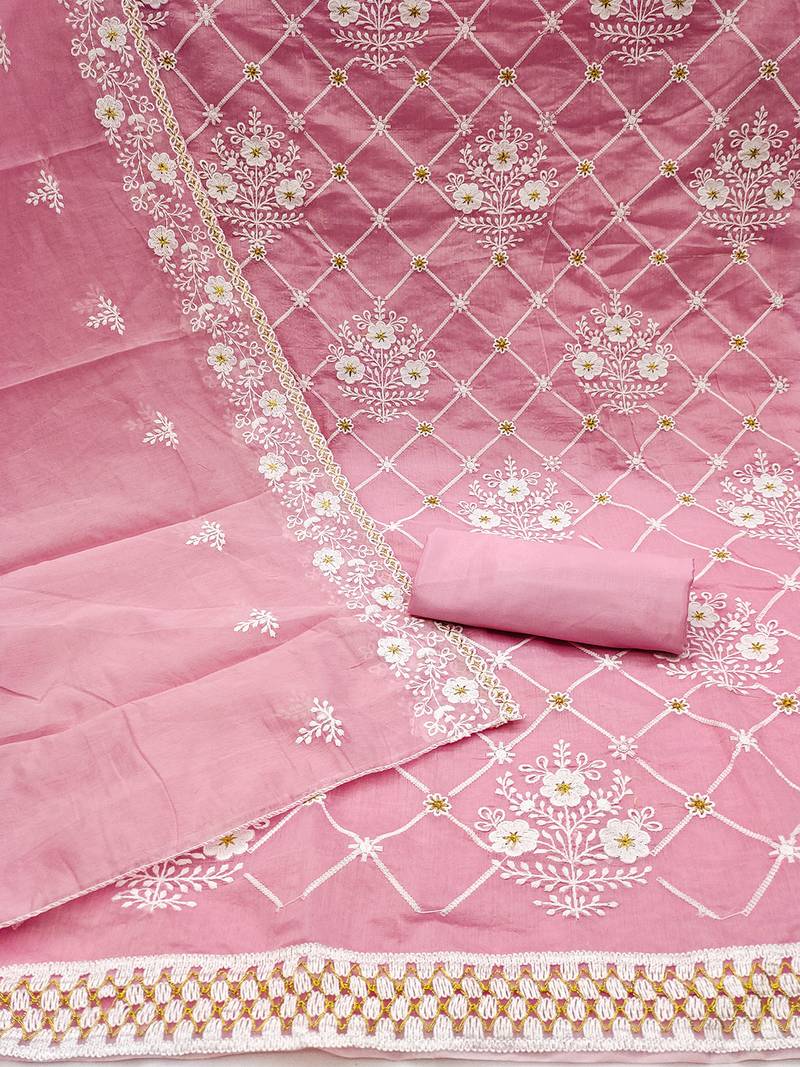 Pink chanderi cotton dress material with white embroidery & floral lace dupatta