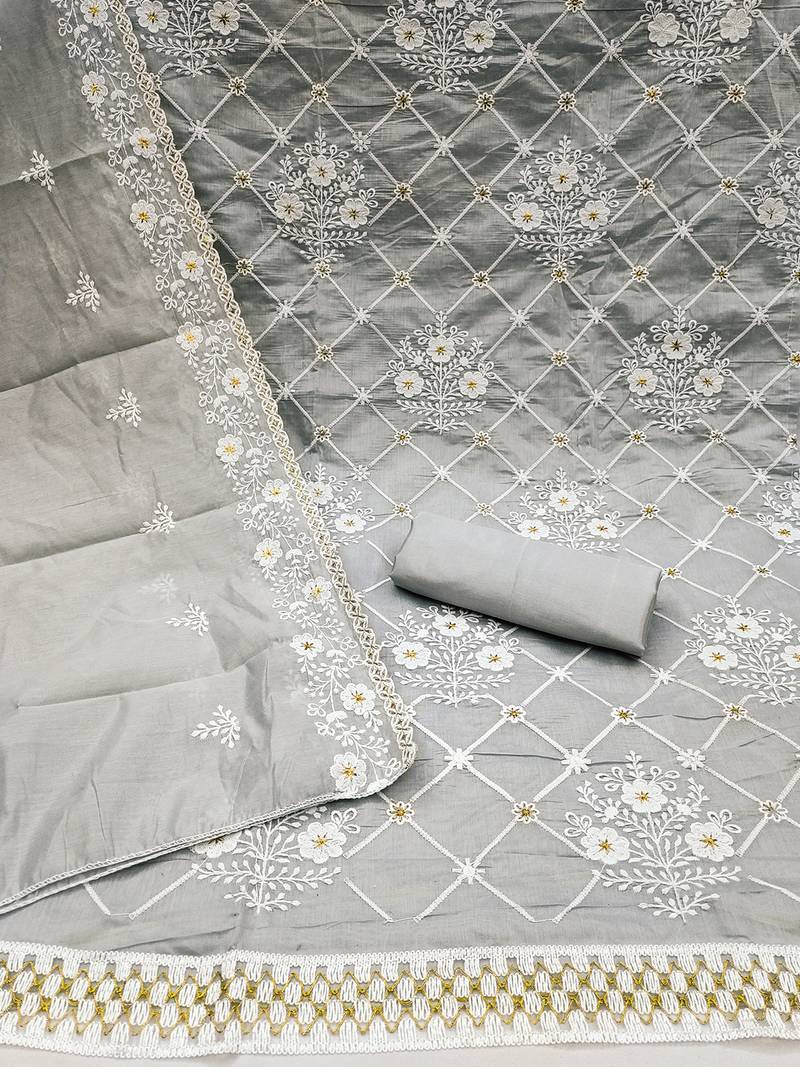 Grey chanderi cotton dress material with white embroidery & floral lace dupatta