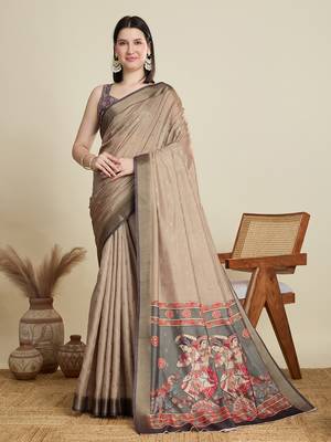 Beige printed cotton silk saree with blouse piece 1