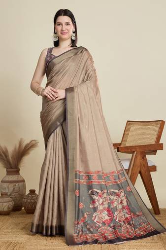 Beige printed cotton silk saree with blouse piece