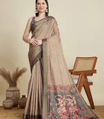 Beige printed cotton silk saree with blouse piece