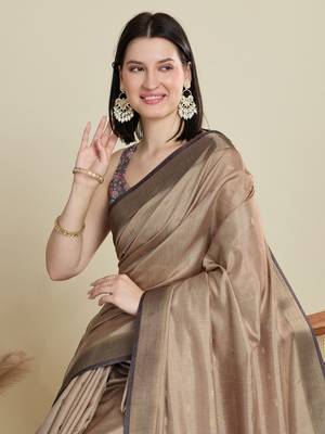 Beige printed cotton silk saree with blouse piece 2