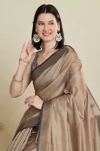 Beige printed cotton silk saree with blouse piece