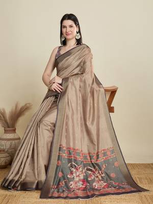 Beige printed cotton silk saree with blouse piece 3