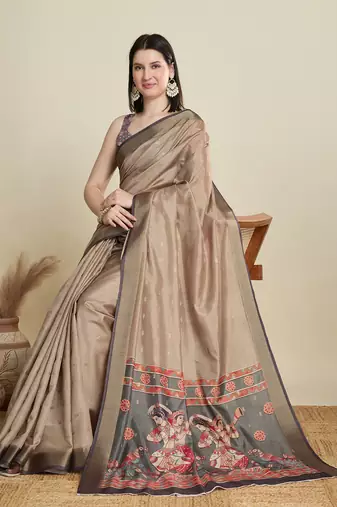 Beige printed cotton silk saree with blouse piece
