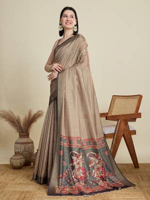 Beige printed cotton silk saree with blouse piece 4