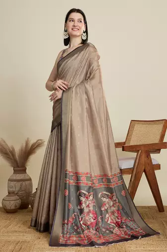 Beige printed cotton silk saree with blouse piece