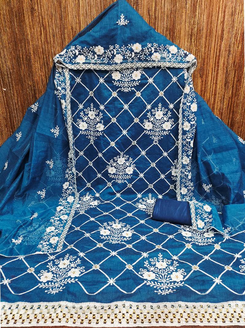 Indigo Blue chanderi cotton dress material with white embroidery & floral lace dupatta