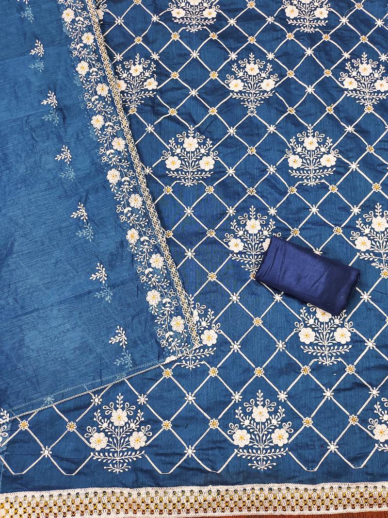 Indigo Blue chanderi cotton dress material with white embroidery & floral lace dupatta