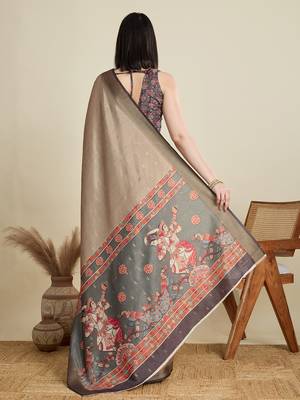 Beige printed cotton silk saree with blouse piece 5