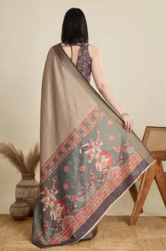 Beige printed cotton silk saree with blouse piece