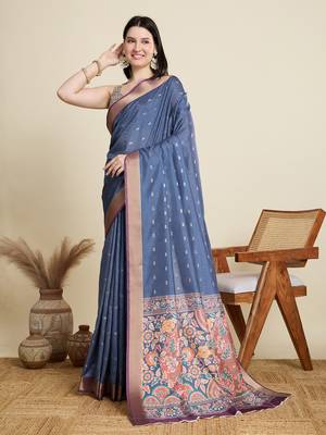 Blue printed cotton silk saree with blouse piece 1