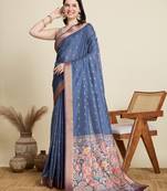 Blue printed cotton silk saree with blouse piece