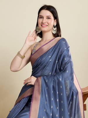 Blue printed cotton silk saree with blouse piece 2