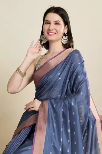 Blue printed cotton silk saree with blouse piece