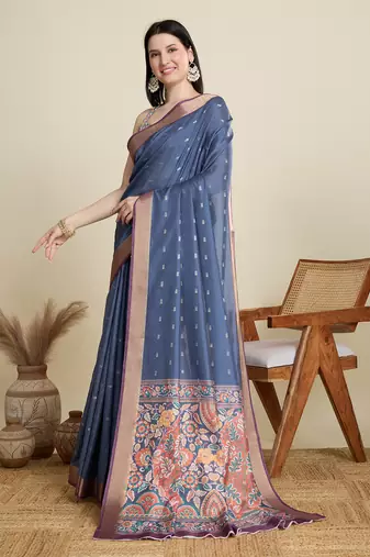 Blue printed cotton silk saree with blouse piece