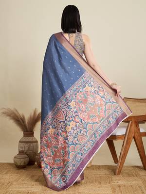 Blue printed cotton silk saree with blouse piece 5