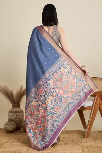 Blue printed cotton silk saree with blouse piece