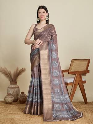 Brown printed cotton silk saree with blouse piece 1