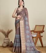 Brown printed cotton silk saree with blouse piece