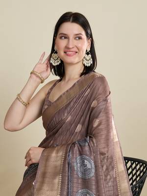 Brown printed cotton silk saree with blouse piece 2