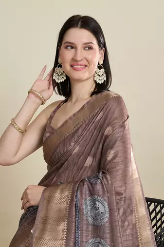 Brown printed cotton silk saree with blouse piece