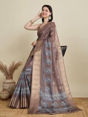 Brown printed cotton silk saree with blouse piece 3
