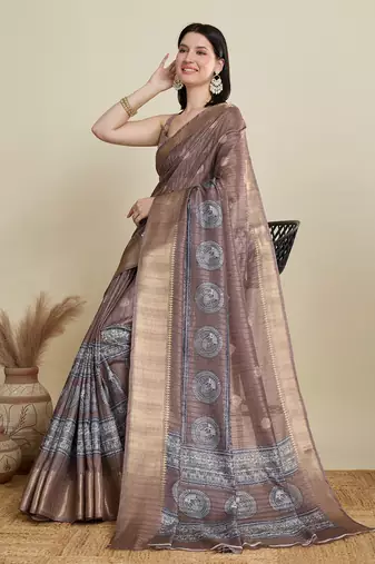 Brown printed cotton silk saree with blouse piece