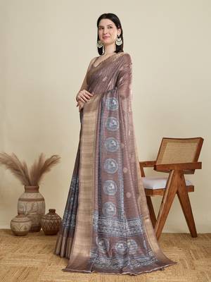 Brown printed cotton silk saree with blouse piece 4