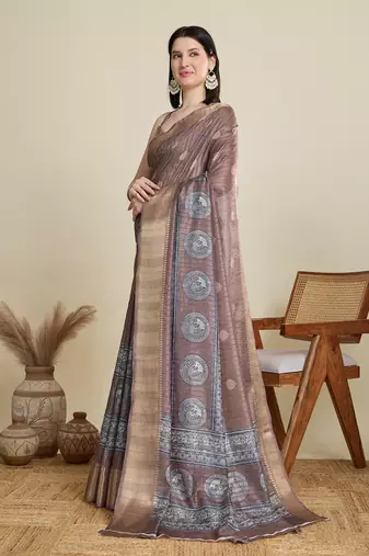Brown printed cotton silk saree with blouse piece