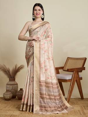 Cream printed cotton silk saree with blouse piece 1